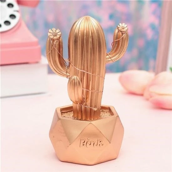 By Nevser® Led Işıklı Sevimli Kaktüs Dekoratif Masa Lambası Mini Biblo Gece Lambası-GOLD