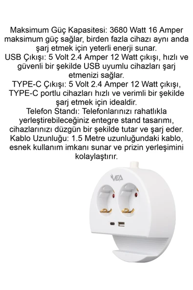 Priz 2 Li 1 USB + 1 TYPE-C Girişli Grup Uzatma Kablosu Telefon Standlı Priz 1.5 Metre Kablolu - 3