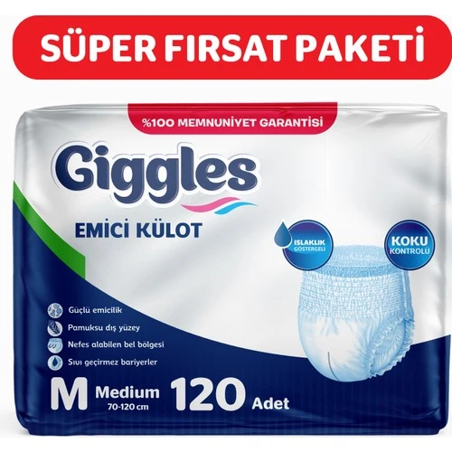 Giggles Yetişkin Emici Külot Bez Orta Boy (Medium) 30'lu 4 Paket (120 Adet) Bel Boy 70-120 cm