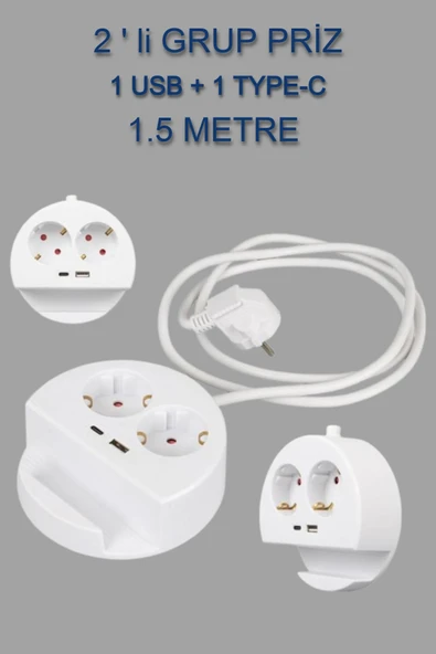 Priz 2 Li 1 USB + 1 TYPE-C Girişli Grup Uzatma Kablosu Telefon Standlı Priz 1.5 Metre Kablolu