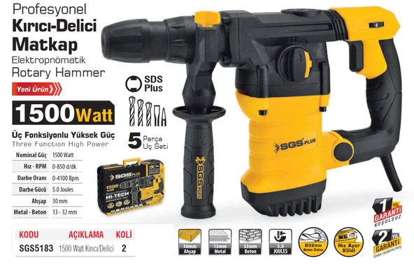 SGS5183 SDS Plus 5 Joules Kırıcı Delici Matkap 1500 Watt - 6