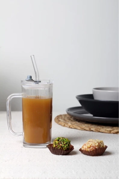 Pipetli Pinterest Bardak - Kare Kapaklı Cam Pipetli Bardak - Pipetli Buzlu Kahve Bardağı 1 Adet - 7