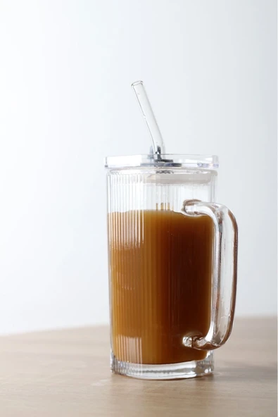 Pipetli Pinterest Bardak - Kare Kapaklı Cam Pipetli Bardak - Pipetli Buzlu Kahve Bardağı 1 Adet - 5