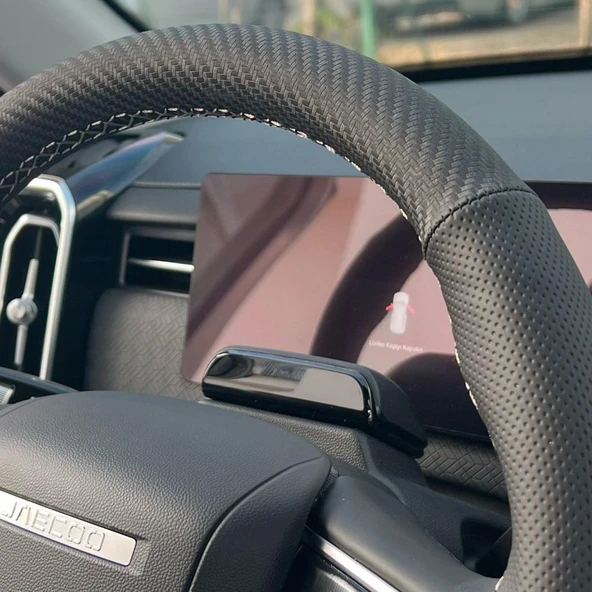 DİKİŞLİ DİREKSİYON KILIFI İTHAL NOKTALI KARBON DERİ GRİ DİKİŞLİ JAECOO İÇİN - Resim 2