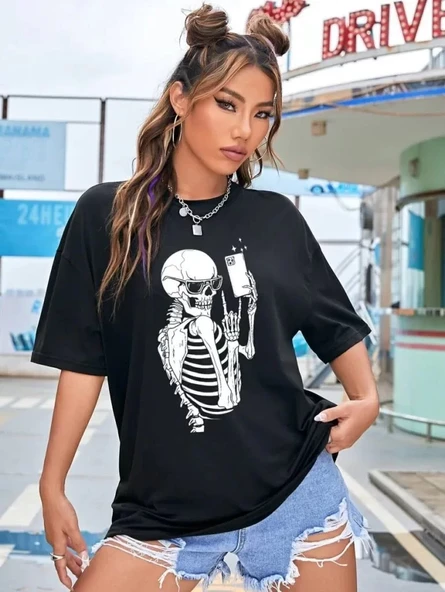 Baskılı Kadın T-shirt - Siyah - 5