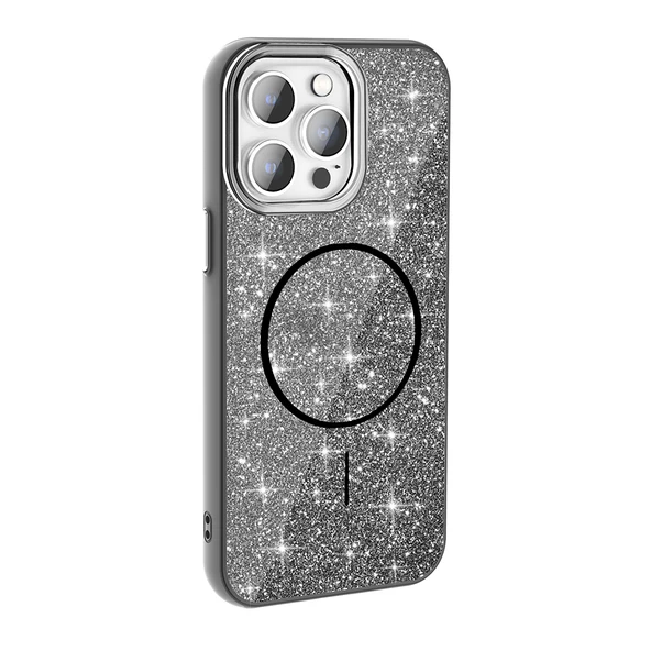 iPhone 14 Pro Max Kılıf Magsafe Şarj Özellikli Parlayan Simli Okso Kapak - Resim 11