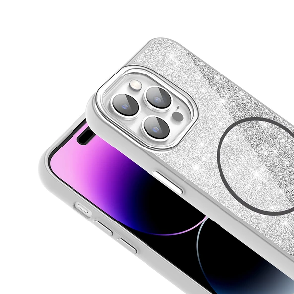 iPhone 14 Pro Max Kılıf Magsafe Şarj Özellikli Parlayan Simli Okso Kapak - Resim 10