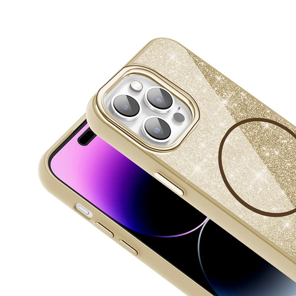 iPhone 14 Pro Max Kılıf Magsafe Şarj Özellikli Parlayan Simli Okso Kapak - Resim 8