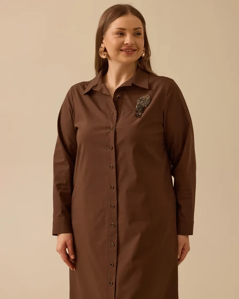 Gala-xi Kadın Büyük Beden Gömlek Yaka Uzun Kollu Taş Detaylı Elbise 10002511314002 - 2