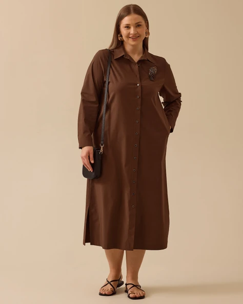 Gala-xi Kadın Büyük Beden Gömlek Yaka Uzun Kollu Taş Detaylı Elbise 10002511314002