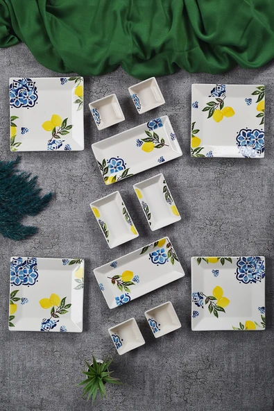 Piatti Naturali 12 Parça 4 Kişilik Limon Kahvaltı Takımı Handmade Kahvaltılık Sunum Seti Servis Tabakları
