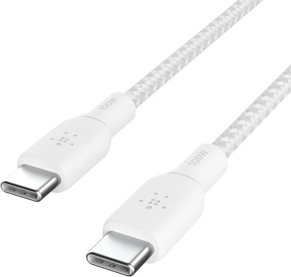 Belkin Örgülü USB-C - USB-C Kablosu 100W 2 Metre Beyaz USB-IF Sertifikalı Type-C Kablo Outlet