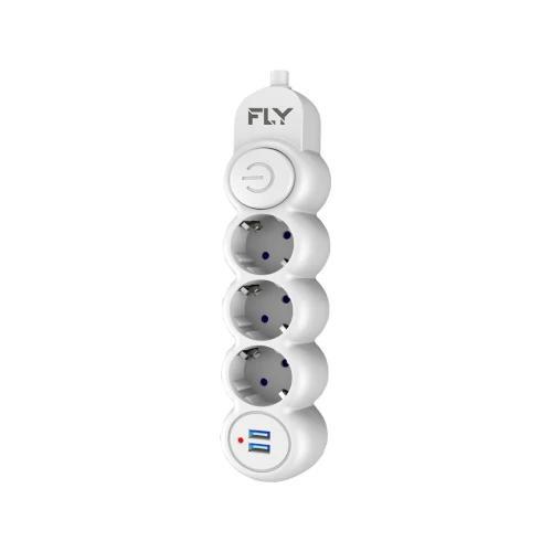 FLY 3393-01, 3 Soket, 2 USB, Akim Korumali Priz, 2.1A, Anahtarli, 2Mt Kablo, Beyaz - 2