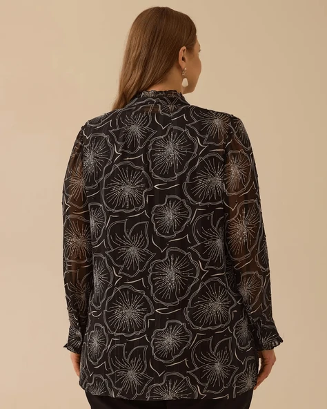 Gala-xi Kadın Büyük Beden Dik Yaka Uzun Kollu Desenli Taş Detaylı Şık Gömlek 10002511514016 - 4