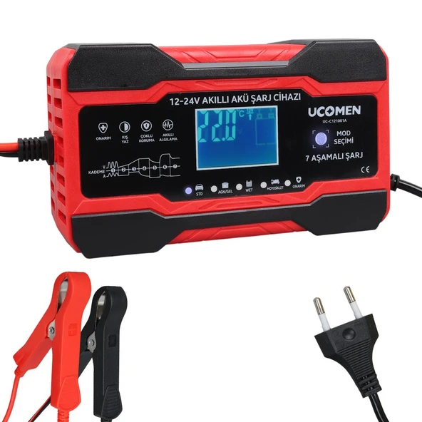 Ucomen UC-C121001A Kırmızı 12/24 Volt 10 Amper Led Göstergeli Akü Şarj Cihazı