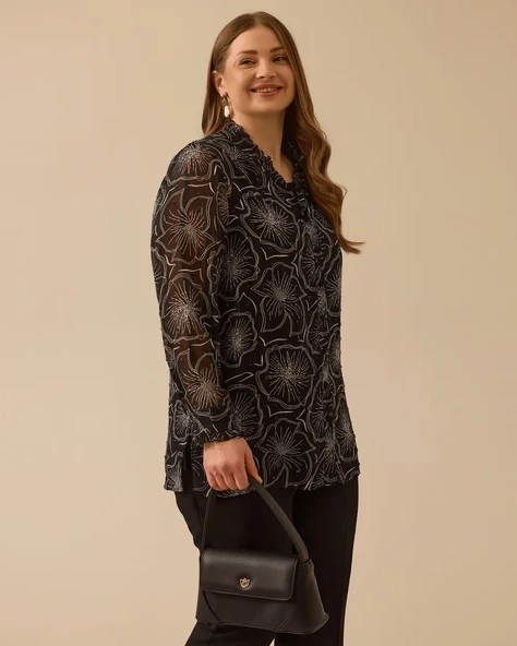 Gala-xi Kadın Büyük Beden Dik Yaka Uzun Kollu Desenli Taş Detaylı Şık Gömlek 10002511514016 - 3