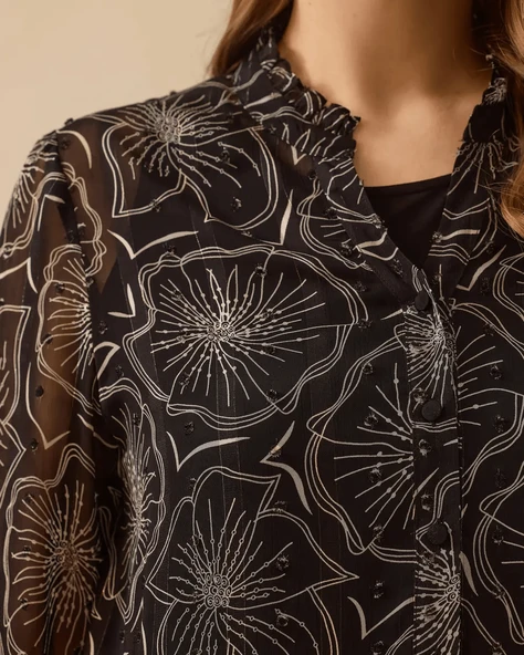 Gala-xi Kadın Büyük Beden Dik Yaka Uzun Kollu Desenli Taş Detaylı Şık Gömlek 10002511514016 - 2