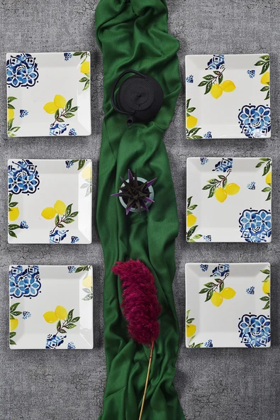 Piatti Naturali 6'lı Şık Tasarım Handmade Limon Desen Pasta Tabak Seti Sunum Seti Servis Tabakları Tatlı Tabağı 20cm