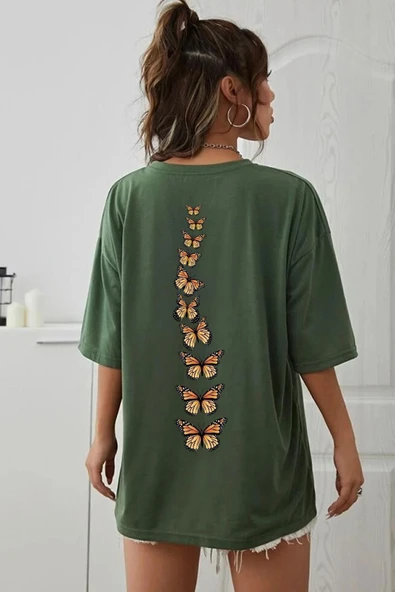 Unisex Sırt Kral Kelebek Baskılı T-shirt - Resim 8