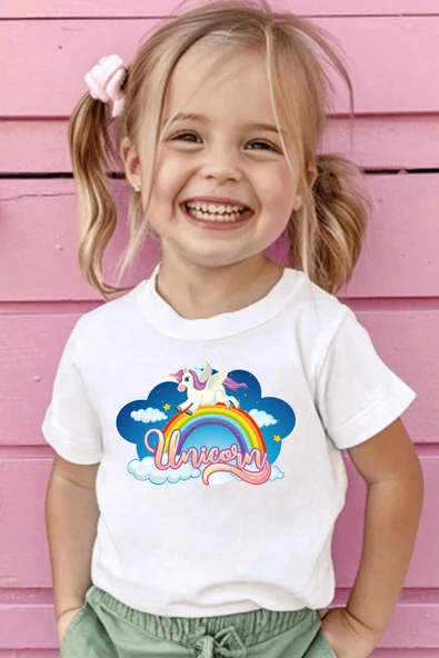 Çocuk Unicorn Baskılı Pamuklu Tshirt - 1