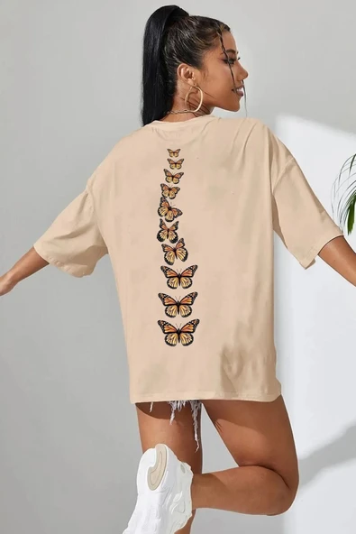 Unisex Sırt Kral Kelebek Baskılı T-shirt - Resim 12