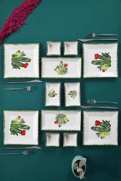 Piatti Naturali 12 Parça 4 Kişilik Kaktüs Kahvaltı Takımı Handmade Kahvaltılık Sunum Seti Servis Tabakları