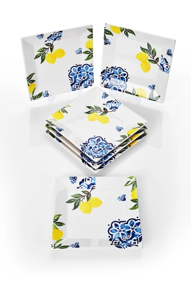 Piatti Naturali 6'lı Şık Tasarım Handmade Limon Desen Pasta Tabak Seti Sunum Seti Servis Tabakları Tatlı Tabağı 20cm - 3