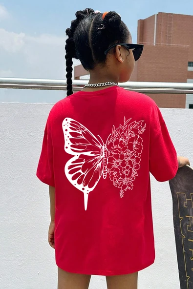 Çocuk Flower Butterfly Baskılı Pamuklu Tshirt - 4