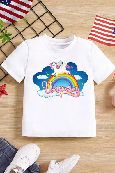 Çocuk Unicorn Baskılı Pamuklu Tshirt - 2