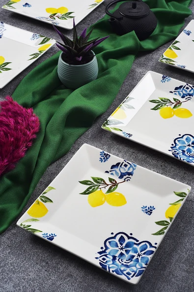 Piatti Naturali 6'lı Şık Tasarım Handmade Limon Desen Pasta Tabak Seti Sunum Seti Servis Tabakları Tatlı Tabağı 20cm - 2