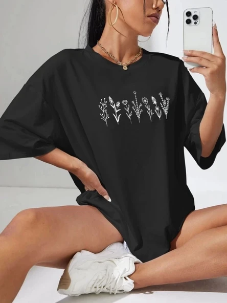 Baskılı Oversize T-shirt - Siyah