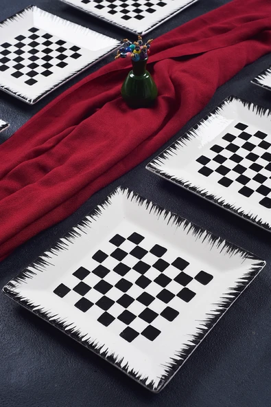 Piatti Naturali 6'lı Şık Tasarım Handmade Dama Desen Pasta Tabak Seti Sunum Seti Servis Tabakları Tatlı Tabağı 20cm - 2