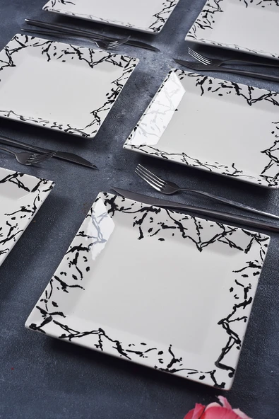 Piatti Naturali 6'lı Şık Tasarım Handmade Mermer Desen Pasta Tabak Seti Sunum Seti Servis Tabakları Tatlı Tabağı 20cm - 2