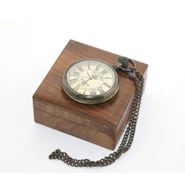 Ahşap Kutulu Pirinç Köstekli Saat - Resim 2