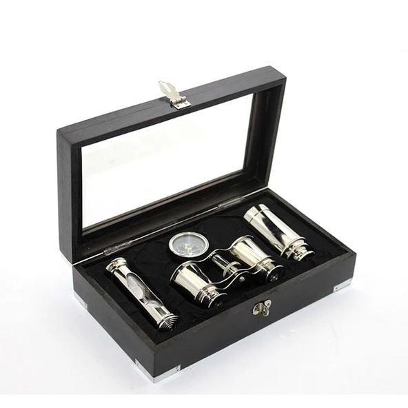 Ahşap Kutulu Pirinç Dürbün Pusula Ve Kumsaati Seti ürün görseli