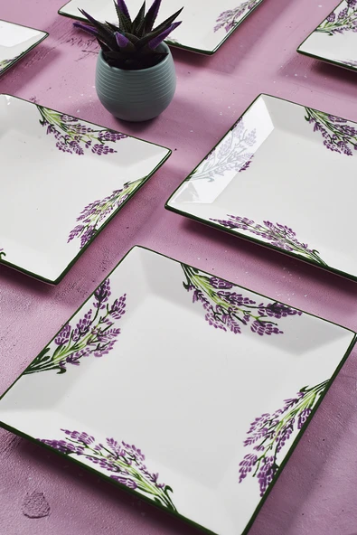 Piatti Naturali 6'lı Şık Tasarım Handmade Lavanta Desen Pasta Tabak Seti Sunum Seti Servis Tabakları Tatlı Tabağı 20cm - 2