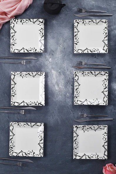 Piatti Naturali 6'lı Şık Tasarım Handmade Mermer Desen Pasta Tabak Seti Sunum Seti Servis Tabakları Tatlı Tabağı 20cm