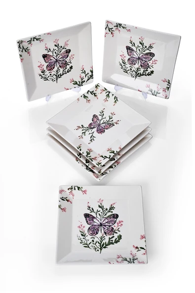 Piatti Naturali 6'lı Şık Tasarım Handmade Kelebek Desen Pasta Tabak Seti Sunum Seti Servis Tabakları Tatlı Tabağı 20cm - 3