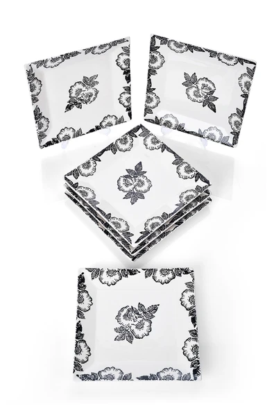 Piatti Naturali 6'lı Şık Tasarım Handmade Black Rose Desen Pasta Tabak Seti Sunum Seti Servis Tabakları Tatlı Tabağı 20cm - 3