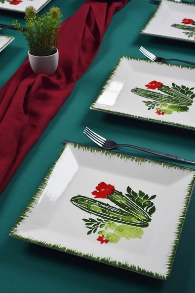 Piatti Naturali 6'lı Şık Tasarım Handmade Kaktüs Desen Pasta Tabak Seti Sunum Seti Servis Tabakları Tatlı Tabağı 20cm - 2