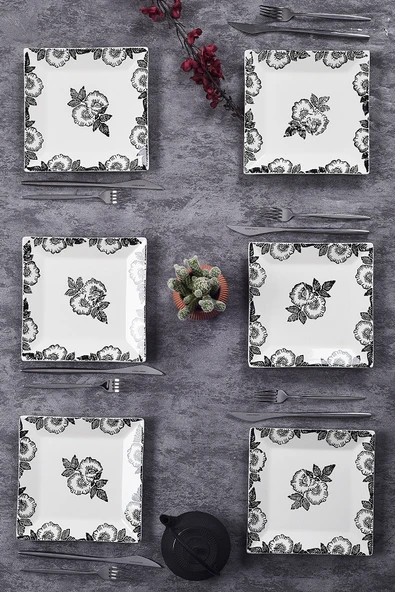 Piatti Naturali 6'lı Şık Tasarım Handmade Black Rose Desen Pasta Tabak Seti Sunum Seti Servis Tabakları Tatlı Tabağı 20cm