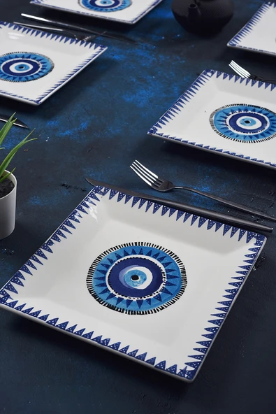 Piatti Naturali 6'lı Şık Tasarım Handmade Nazar Desen Pasta Tabak Seti Sunum Seti Servis Tabakları Tatlı Tabağı 20cm - 2