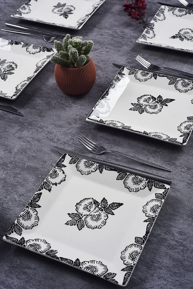 Piatti Naturali 6'lı Şık Tasarım Handmade Black Rose Desen Pasta Tabak Seti Sunum Seti Servis Tabakları Tatlı Tabağı 20cm - 2