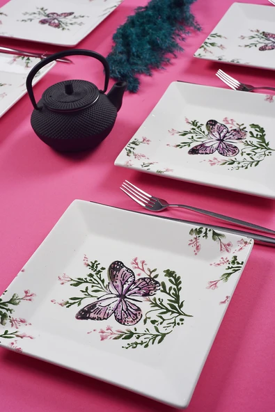Piatti Naturali 6'lı Şık Tasarım Handmade Kelebek Desen Pasta Tabak Seti Sunum Seti Servis Tabakları Tatlı Tabağı 20cm - 2