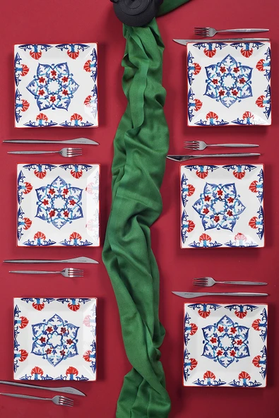 Piatti Naturali 6'lı Şık Tasarım Handmade Çini Desen Pasta Tabak Seti Sunum Seti Servis Tabakları Tatlı Tabağı 20cm