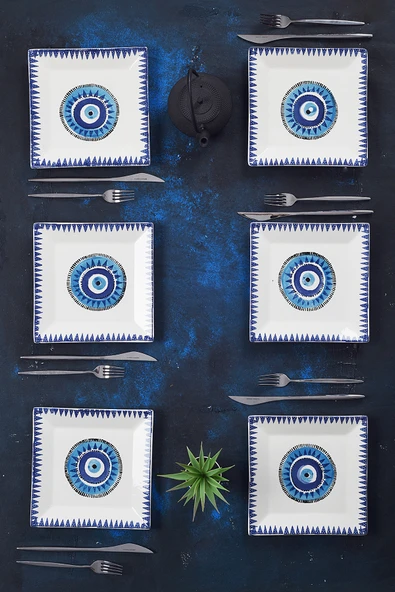 Piatti Naturali 6'lı Şık Tasarım Handmade Nazar Desen Pasta Tabak Seti Sunum Seti Servis Tabakları Tatlı Tabağı 20cm ürün görseli