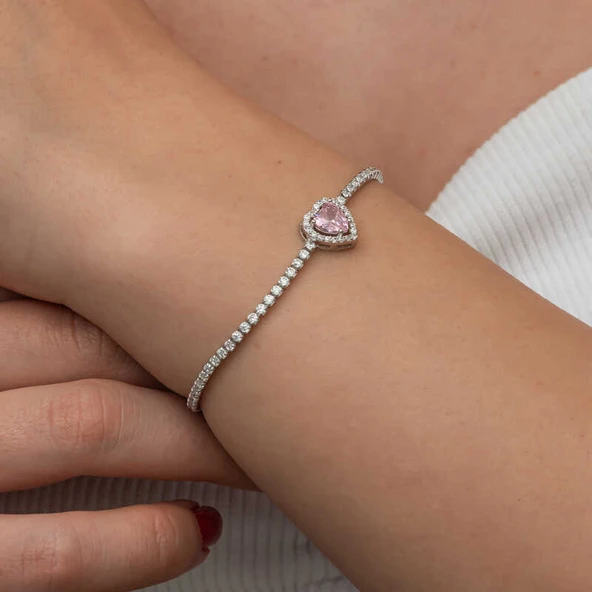Gümüş Pembe Taşlı Kalpli Su Yolu Bileklik - 5