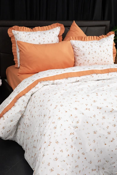 Floria Premium %100 Pamuk Fırfırlı Çift Kişilik Nevresim Takımı - Turuncu