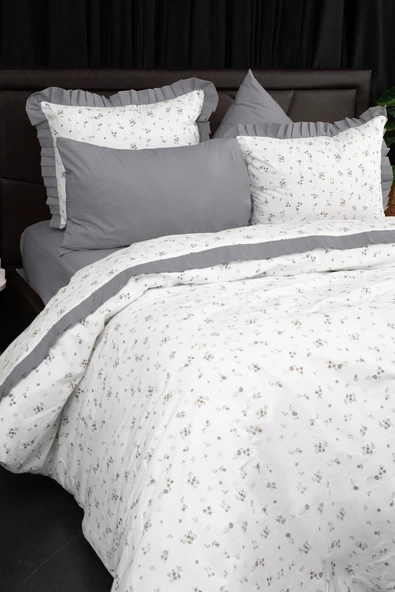 Floria Premium %100 Pamuk Fırfırlı Çift Kişilik Nevresim Takımı - Gri