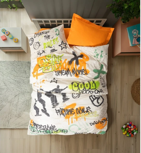 Cotton Box Genç Odası Tek Kişilik Lastikli Çarşaflı Nevresim Takımı Graffiti Oranj